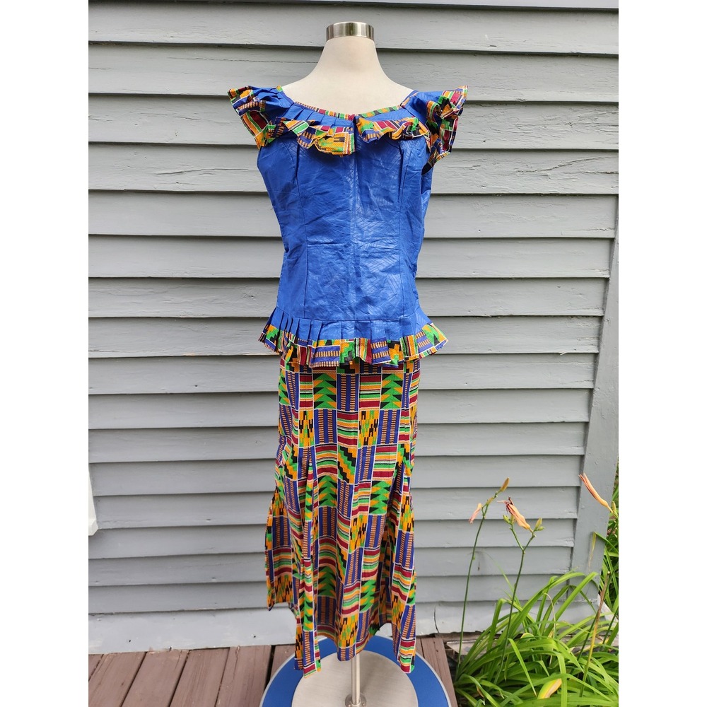 Handmade Vintage African Skirt Set Blue Kente Print Ruffle Top‎ Maxi Skirt Large